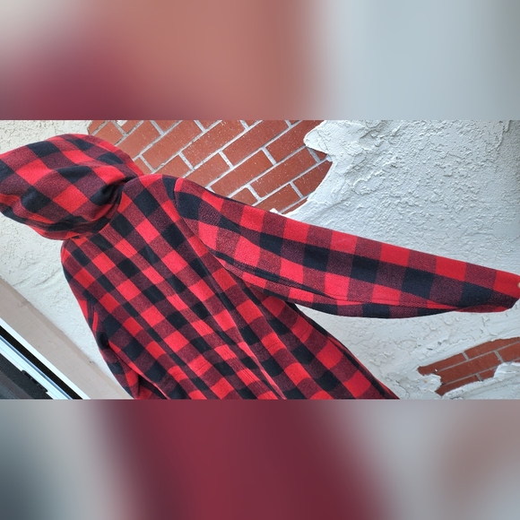 Large LEVI'S red black Buffalo plaid checkers hooded coat jacket quilted lining - Picture 13 of 16